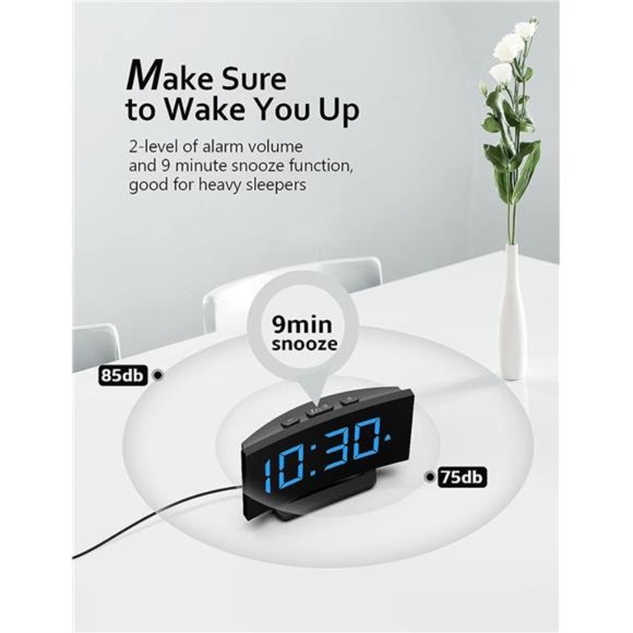 Digital Alarm Clock for Bedrooms, Digital Clock with Modern Curved Design LED - Picture 2 of 5